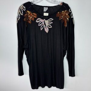 Black Long Sleeve Sequin Beaded Top with Leaf Appliqués